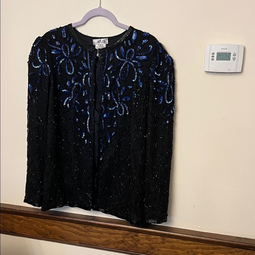 A.J. Bari Black Beaded Jacket with Iridescent Blue Sequin Accents